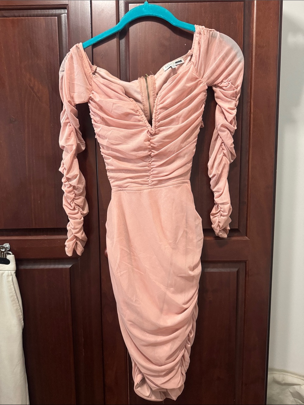 Fashion Nova Ruched Off-Shoulder Pink Long Sleeve Bodycon Dress